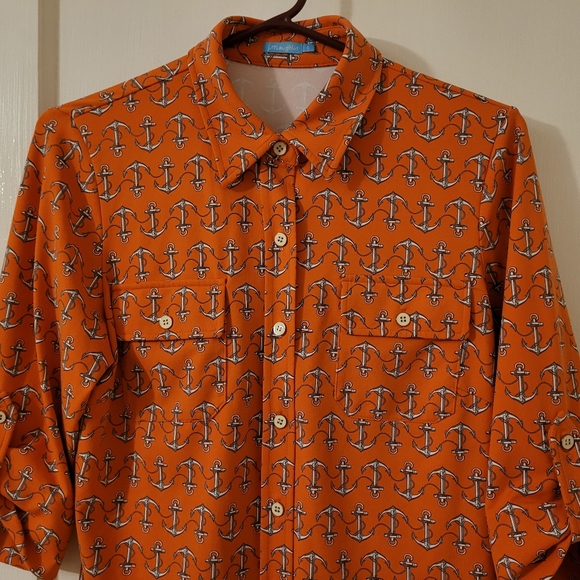 J.Mclaughlin Women Button Down Shirt Size S Anchor Print Roll Tab Sleeve Orange - Picture 3 of 7